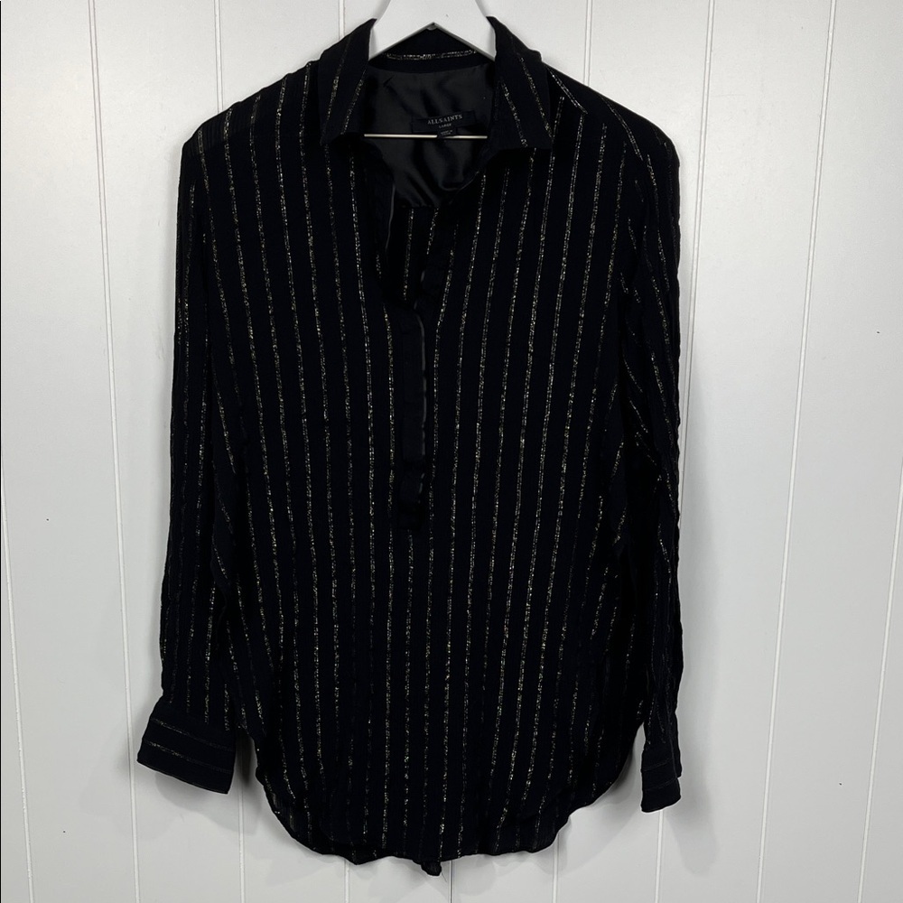All Saints Womens Blouse L Black Gold Metallic Thread Pullover Side Slits Fancy